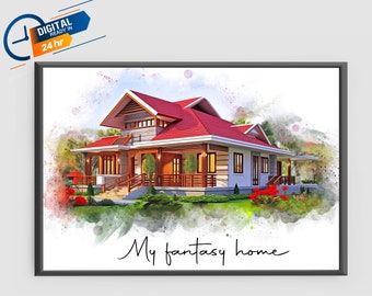 May include: A watercolour illustration of a red-roofed house with a white exterior and wooden accents. The house is surrounded by green grass and trees. The text "My fantasy home" is written in cursive below the house.