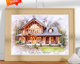 May include: A watercolour painting of a large, wooden log cabin with a grey roof. The cabin has a large front porch with wooden railings and a stone path leading to the front door. The cabin is surrounded by trees and a green lawn. The text "Our New Home" is written in cursive at the bottom of the painting.