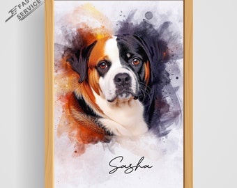 May include: A watercolor painting of a dog named Sasha. The dog is a tri-color Bernese Mountain Dog with brown, black, and white fur. The painting has a soft, dreamy feel with splashes of color.