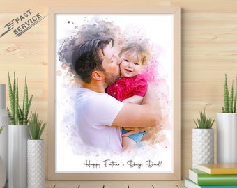 May include: A watercolor painting of a father and child. The father is kissing the child on the cheek. The child is smiling. The painting has a pink and gray watercolor background. The text "Happy Father's Day, Dad!" is written at the bottom of the painting.