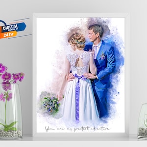 Custom Couple Portrait from Photo, Personalized Gift for him, Watercolor painting Wedding portrait, Engagement gift for couple, Husband gift