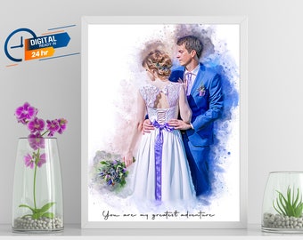 Custom Couple Portrait from Photo, Personalized Gift for him, Watercolor painting Wedding portrait, Engagement gift for couple, Husband gift