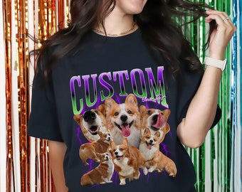 Benutzerdefiniertes 90er-Jahre-Haustier-Bootleg-T-Shirt, personalisiertes Namens- und Foto-Shirt, Vintage-Grafik-Bootleg-Rap-Hundekatze-T-Shirt, lustiges Corgi-Mutter-Corgi-Papa-T-Shirt