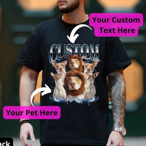 Chemise graphique vintage personnalisée pour animaux de compagnie, personnalisé Bootleg Rap Tee Dog, Bootleg Rap T Shirt Pet Pitbull Dog Bootleg Retro 90s Tee Gift pour elle pour lui