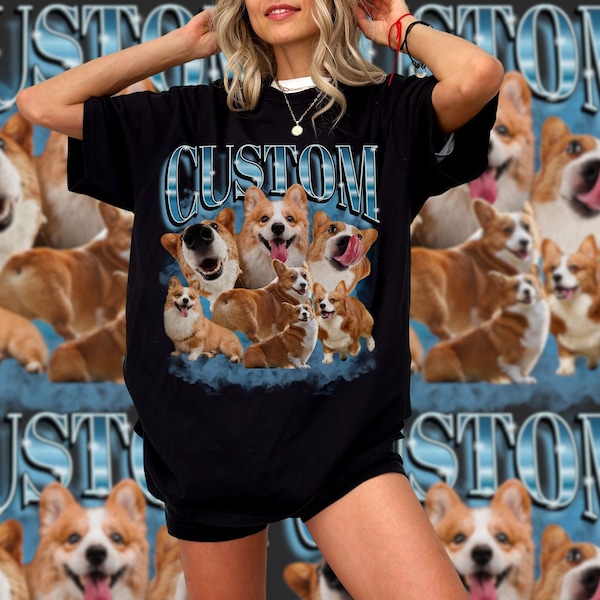 90s Vintage Graphic Pet Dog Cat T-shirt, Custom Bootleg Rap Tee, Custom Your Own Bootleg Shirt, Custom Photo Tshirt, Corgi Lover Owner Gift