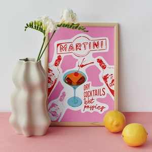 Cartel de bebidas de cóctel Martini Impresión Glicée. Arte de pared con cita divertida retro. Pared artística ondulada y funky para salón y comedor. Decoración del hogar de moda