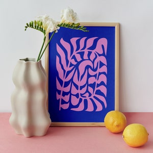 Abstract Plant Leaves Poster Glicée Print. Scandinavian Wall Art. Retro Art Wall for Living & Dining Room. Trendy Maximalist Home Decor Blue & Pink