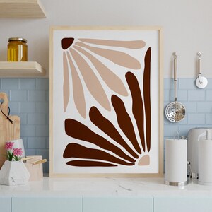 Floral Daisy Beige Brown Print. Minimalist Botanical Wall Art for Living Room & Kitchen. Nature Inspired Home Decor image 3
