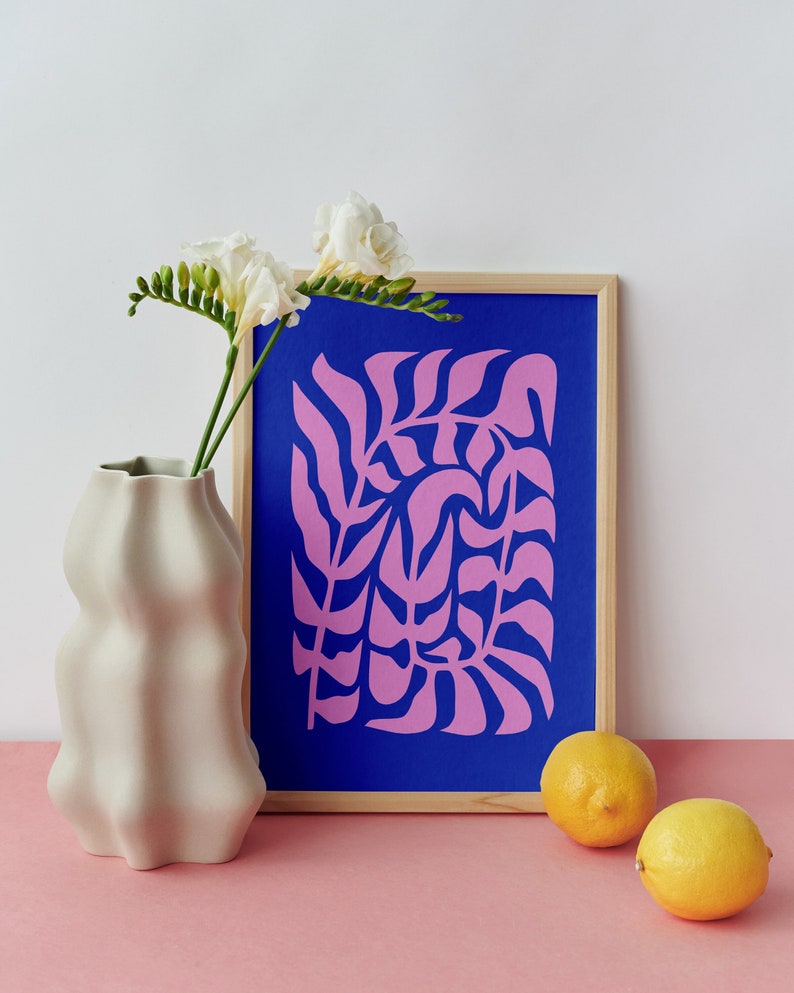Abstract Plant Leaves Poster Glicée Print. Scandinavian Wall Art. Retro Art Wall for Living & Dining Room. Trendy Maximalist Home Decor Blue & Pink