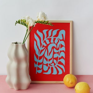 Abstract Plant Leaves Poster Glicée Print. Scandinavian Wall Art. Retro Art Wall for Living & Dining Room. Trendy Maximalist Home Decor Red & Blue