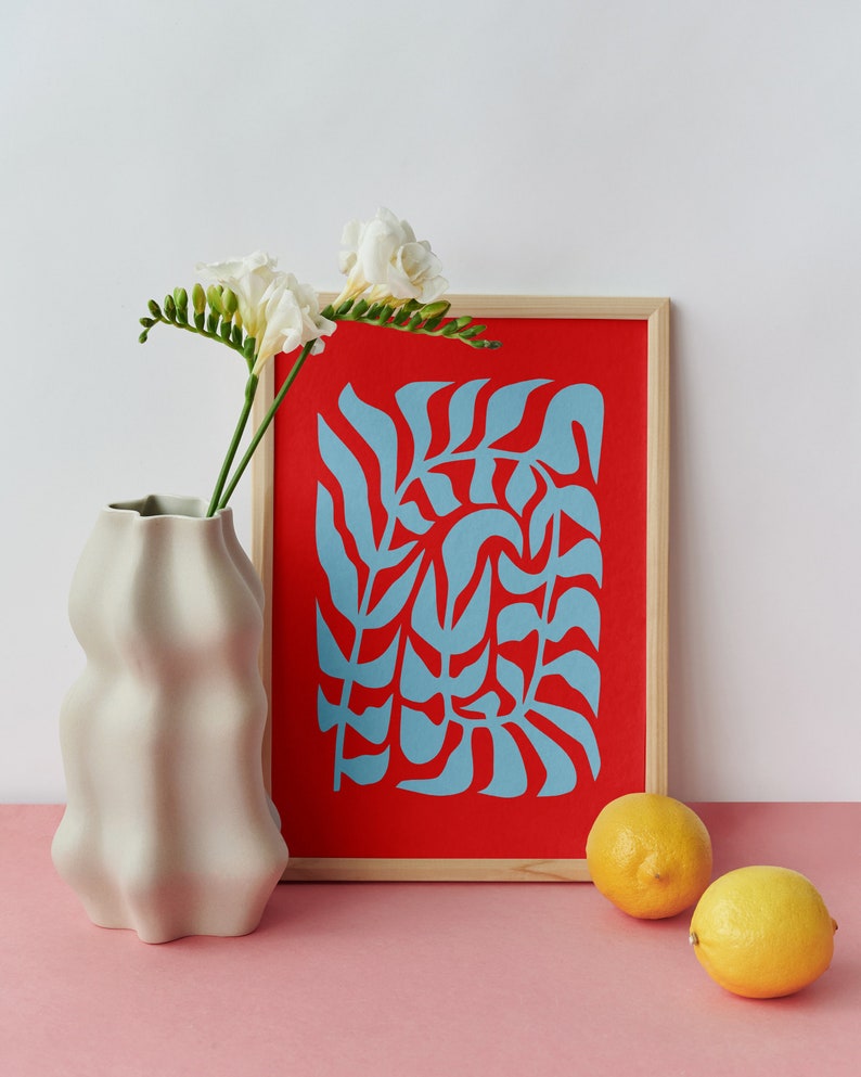 Abstract Plant Leaves Poster Glicée Print. Scandinavian Wall Art. Retro Art Wall for Living & Dining Room. Trendy Maximalist Home Decor Red & Blue