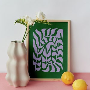 Abstract Plant Leaves Poster Glicée Print. Scandinavian Wall Art. Retro Art Wall for Living & Dining Room. Trendy Maximalist Home Decor Green & Lilac
