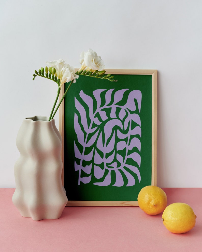 Abstract Plant Leaves Poster Glicée Print. Scandinavian Wall Art. Retro Art Wall for Living & Dining Room. Trendy Maximalist Home Decor Green & Lilac