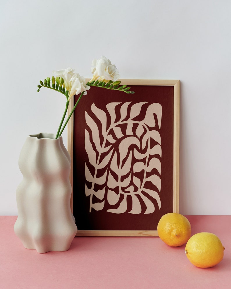 Abstract Plant Leaves Poster Glicée Print. Scandinavian Wall Art. Retro Art Wall for Living & Dining Room. Trendy Maximalist Home Decor Brown & Cream