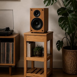 May include: A light brown wooden side table with a square top, a single drawer, and two lower shelves. The table features four straight legs and a slatted bottom shelf. The structure is crafted from wood with a visible grain and natural finish.