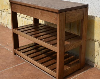 Banco zapatero para recibidor, banco de almacenamiento de zapatos de madera maciza, muebles de recibidor hechos a mano, banco de pasillo de madera, organizador rústico para recibidor.