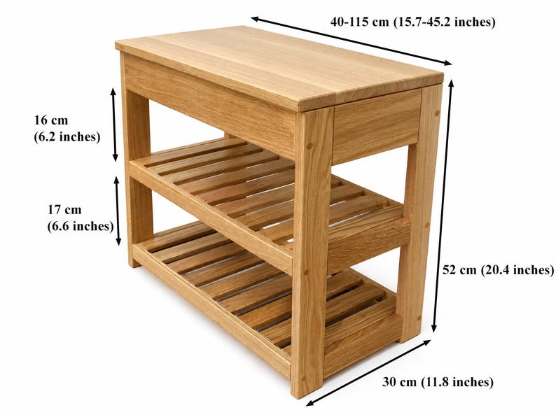 May include: A light brown wooden console table with a solid top and two slatted shelves. Dimensions are 40-115 inches wide, 30 inches deep, and 52 inches high. The upper section is 16 inches high, with a 17-inch gap between the two lower shelves.