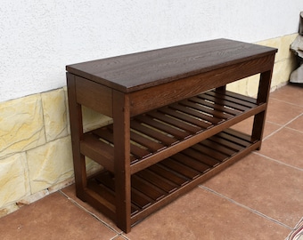Geo AI Wooden Shoe Bench – Solid Oak Entryway Bench, Natural Color Hallway Seat, Handmade Shoe Storage Bench