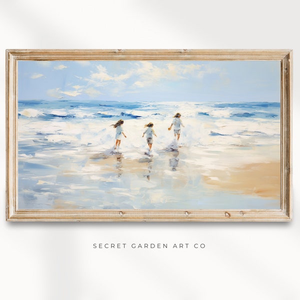 Coastal Tv Frame Art, Children at the Beach, Neutral Watercolor Vintage Style, Cute Summer Artwork, Seaside Painting, Digital Download