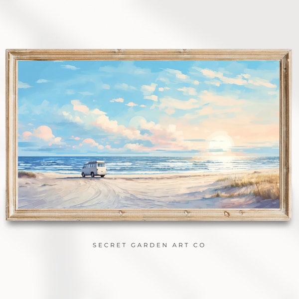 Neutral Coastline Tv Frame Art, Watercolor Campervan Tv Art, Summer at the Beach, Cloudy Sky Oil Painting, Digital Download