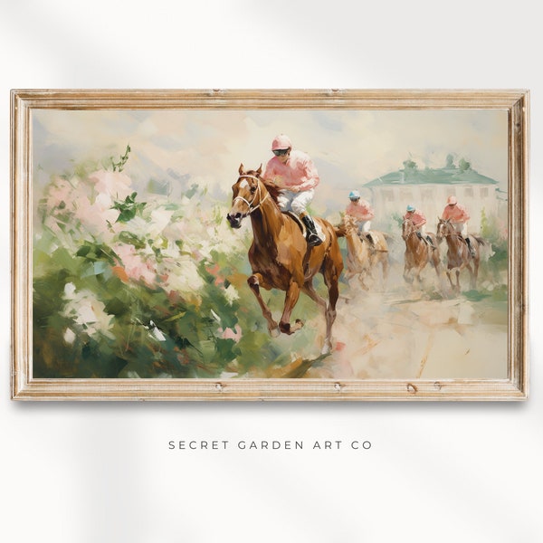 Horse Lovers Painting for TV Frame Art, Horse Racing Tv Art, Digital Oil Painting Wall Art, The Kentucky Derby Horserace, Background 16:9