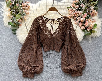 Dark Academia Clothing Fairy Grunge Lace Blouse For Women, Cottagecore Clothing V-Neck Puff Tops For Woman