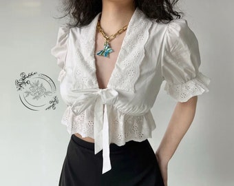 Cottagecore Clothing Ruffle White Dark Academia Shirt, Casual Elegant Lace Up Edwardian Blouse For Women