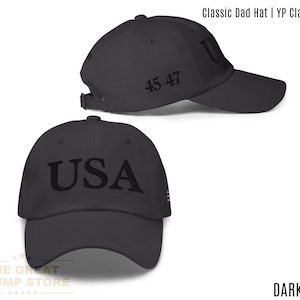 USA Hat Trump 45 47 Dad Hat Black, Patriotic Trump Hat for Men Women, American Flag Embroidered Cap, Low Profile Unstructured Adjustable