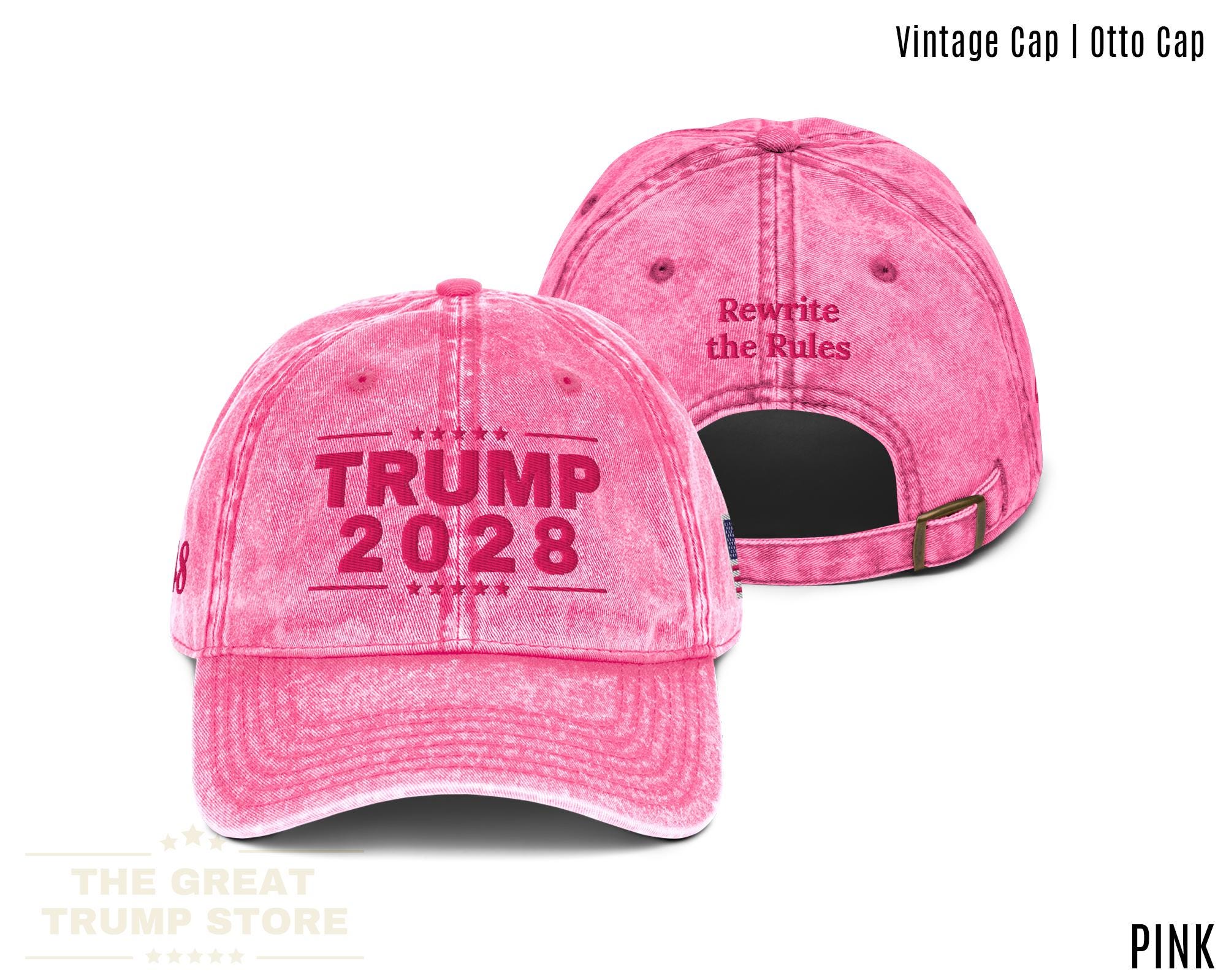 Pink Trump 2028 Hat Distressed Trump Baseball Cap, Rewrite the Rules Embroidered Trump Hat for Women Men, USA Flag, Unstructured Low Profile