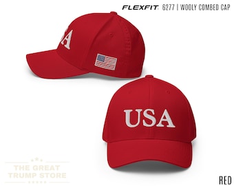 Red USA Hat Trump 45 47 Flex Fit Cap American Flag Trump Hat for Men Women Patriotic Gift for Him Her, Embroidered Structured Mid Profile