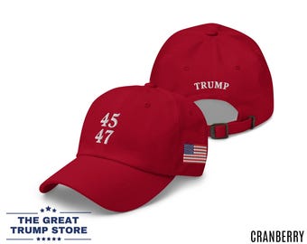 45 47 Cappello Trump per uomo e donna Cappello da baseball MAGA Cappello ricamato con bandiera americana Trump, Cappello da papà regolabile non strutturato Regalo Trump per lui e lei
