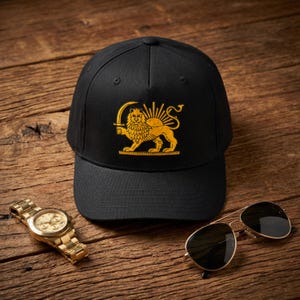 Löwen- und Sonnen-Persienhut, machen Sie den Iran wieder großartig, Shir o Khorssid-Kappe, Goldstickerei, persisches Erbe-Iran-Hut, iranischer Emblem-Hut