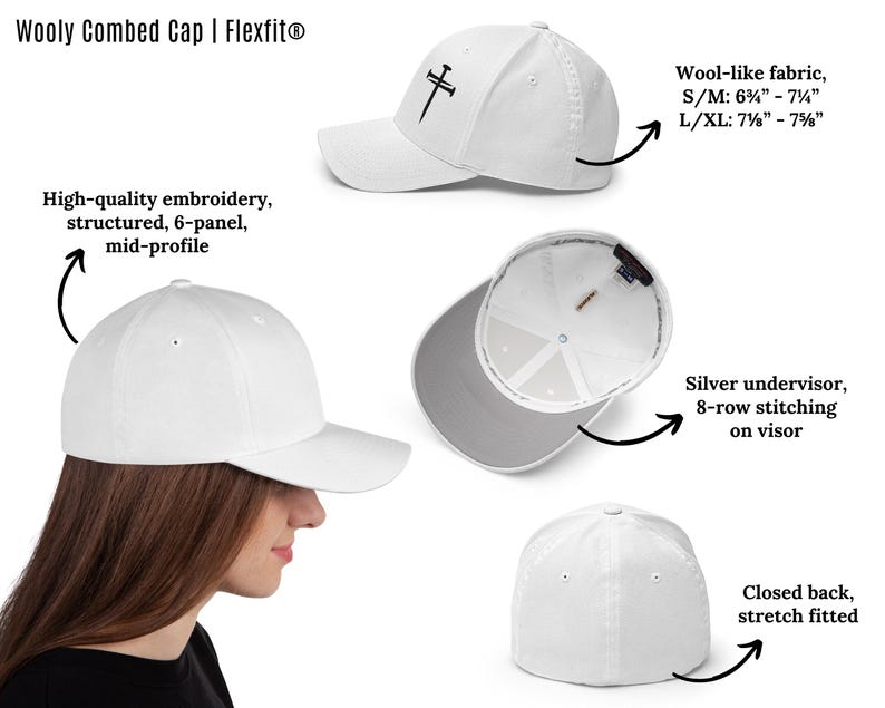 Elevate your style with this Flexfit cap that features an embroidered three nails cross. This nail cross hat works as a cross baseball cap and religious baseball hat while serving as a three nails hat for both Christian hats and Christian hats for men. Christian cross cap, nail and cross hat, baseball hat embroidered cross, black hat with cross, mens fitted christian hat, rusty nails cross cap, three nail flex fit hat, 3 cross hat, and three nails hats.