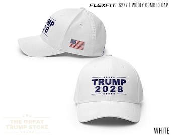 White Trump 2028 USA Flag Hat Trump Flex Fit Baseball Cap Embroidered Trump Hat for Men Women, Rewrite the Rules Fitted Hat, Structured