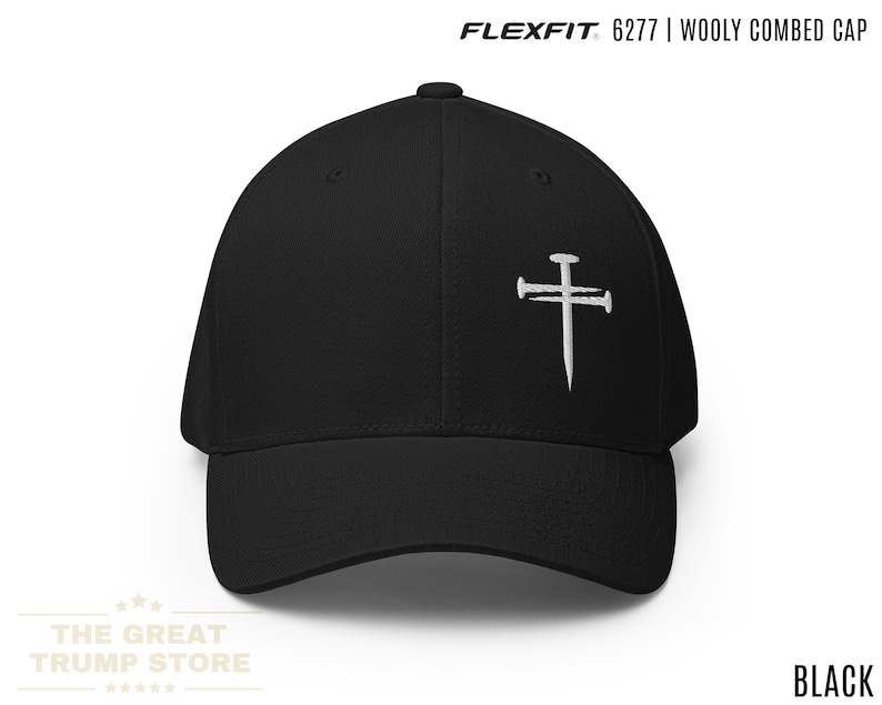 High quality Flexfit cap with an embroidered three nails cross design. This nail cross hat is a cross baseball cap and religious baseball hat that serves as a three nails hat. Ideal for Christian hats and Christian hats for men, it is also known as a cross hat, cross hats men, 3 nails flexfit hat, Christian cross cap, nail and cross hat, baseball hat embroidered cross, black hat with cross, mens fitted christian hat, rusty nails cross cap, three nail flex fit hat, 3 cross hat.