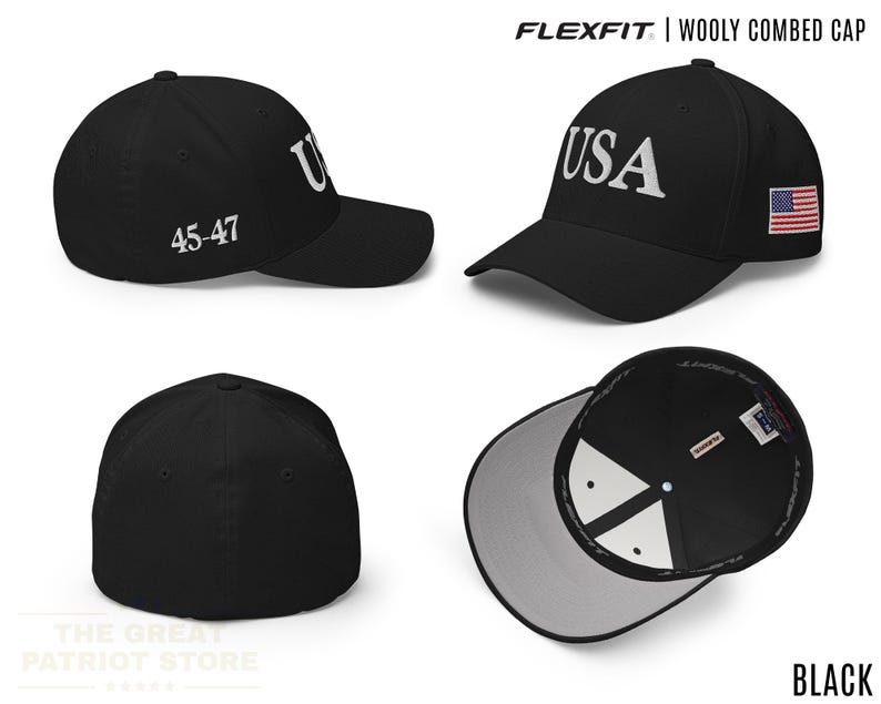 May include: A black Flexfit wooly combed cap featuring the text USA embroidered on the front, the numbers 45-47 on the side, and a small American flag patch on the other side. The cap has a structured crown, a curved brim, and a light grey interior.