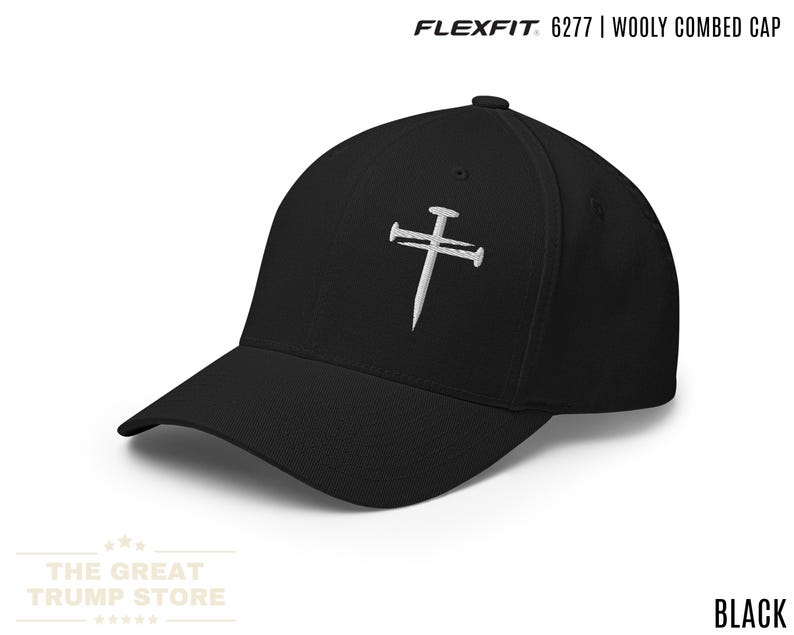 Embroidered Flexfit baseball cap featuring a bold three nails cross. This nail cross hat doubles as a cross baseball cap and religious baseball hat, offering a standout three nails hat for Christian hats and Christian hats for men. It is further recognized as a cross hat, cross hats men, 3 nails flexfit hat, Christian cross cap, nail and cross hat, baseball hat embroidered cross, black hat with cross, mens fitted christian hat, rusty nails cross cap, three nail flex fit hat, 3 cross hat.