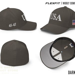 May include: A dark grey Flexfit wooly combed cap featuring the text USA embroidered on the front, the numbers 45-47 on the side, and a small American flag patch on the other side. The cap is shown from multiple angles including the interior lining.