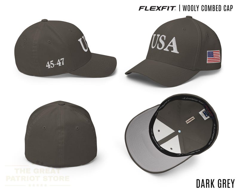 May include: A dark grey Flexfit wooly combed cap featuring the text USA embroidered on the front, the numbers 45-47 on the side, and a small American flag patch on the other side. The cap is shown from multiple angles including the interior lining.