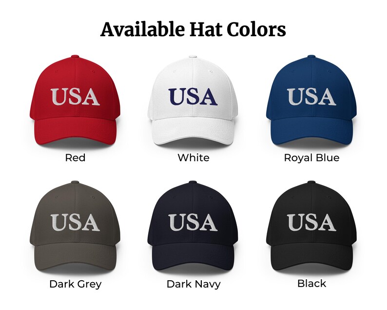 May include: Six baseball caps in red, white, royal blue, dark grey, dark navy, and black. Each cap features the text USA embroidered on the front. The image includes the heading Available Hat Colours and labels for each colour option below the caps.