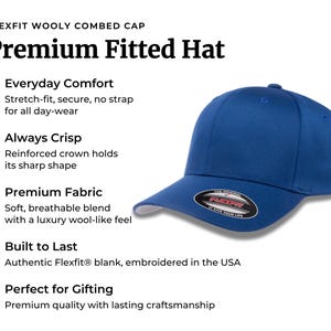 May include: A royal blue fitted cap with a structured crown and a curved brim. The cap features a black and silver sticker on the brim with the text Flexfit The Original It Fits Your Life. The text Flexfit Wooly Combed Cap Premium Fitted Hat is visible.
