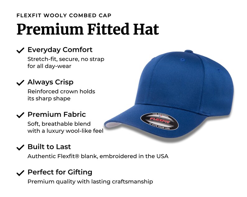 May include: A royal blue fitted cap with a structured crown and a curved brim. The cap features a black and silver sticker on the brim with the text Flexfit The Original It Fits Your Life. The text Flexfit Wooly Combed Cap Premium Fitted Hat is visible.