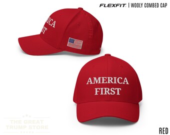 America First Hat Flexfit Trump 45-47 Cap, MAGA Gifts for Men Women, Fitted Hat Embroidered
