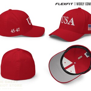 May include: A red Flexfit wooly combed cap featuring the text USA embroidered in white on the front, the number 45-47 on the side, and a small American flag patch on the other side. The cap has a solid red crown and a light grey interior lining.