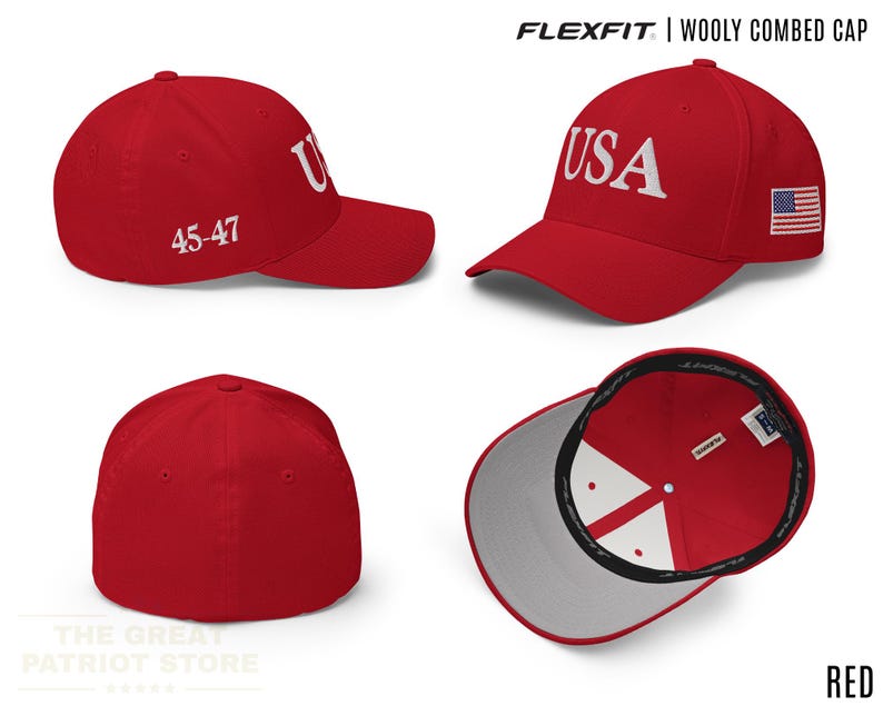 May include: A red Flexfit wooly combed cap featuring the text USA embroidered in white on the front, the number 45-47 on the side, and a small American flag patch on the other side. The cap has a solid red crown and a light grey interior lining.