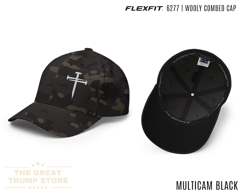 This premium Flexfit cap with a detailed embroidered three nails cross is a true nail cross hat. Serving as both a cross baseball cap and a religious baseball hat, it functions as a three nails hat perfect for Christian hats and Christian hats for men. Also known as a cross hat, 3 nails flexfit hat, Christian cross cap, nail and cross hat, baseball hat embroidered cross, black hat with cross, mens fitted christian hat, rusty nails cross cap, three nail flex fit hat, and three nails hats.