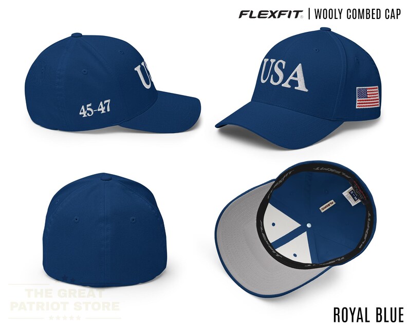 May include: A royal blue Flexfit wooly combed cap featuring the text USA embroidered in white on the front, the numbers 45-47 on the side, and a small American flag patch on the other side. The cap has a structured crown and a curved brim.