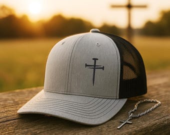 Three Nails Cross Trucker Hat | Christian Hat for Men Women | Faith Snapback Cap | Religious Cross Hat Gift Christian | Richardson 112