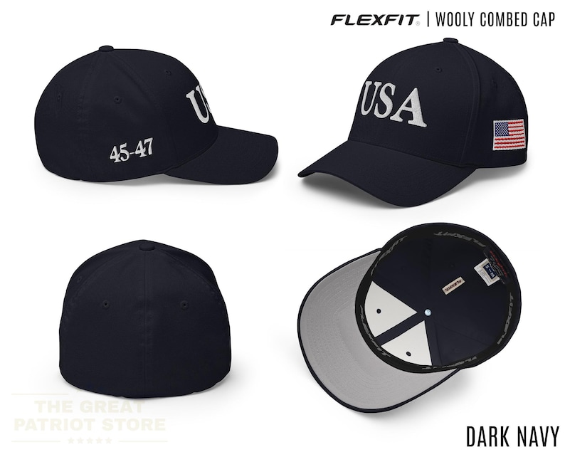 May include: A dark navy Flexfit wooly combed cap featuring the text USA embroidered on the front, the numbers 45-47 on the side, and a small American flag patch on the other side. The cap has a structured crown and a curved brim.