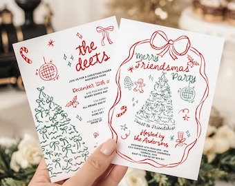 Friendsmas Christmas Party Invitation Template, Whimsical Hand Drawn Festive Cocktail Xmas Holiday Invite, Editable Digital Canva Download
